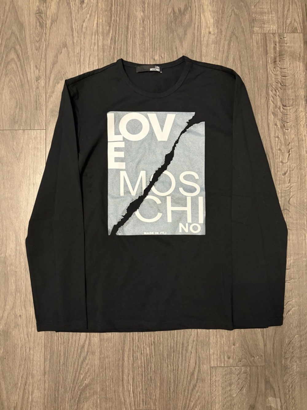 Love Moschino Black Long-Sleeve Tee with Pale Blue Graphic